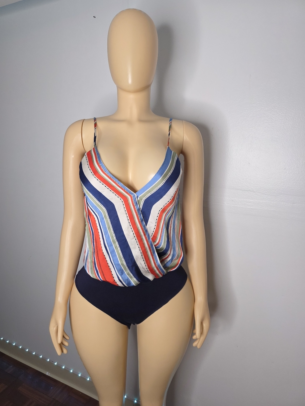 Timing Striped Wrap Bodysuit in Red, Blue & White Size S